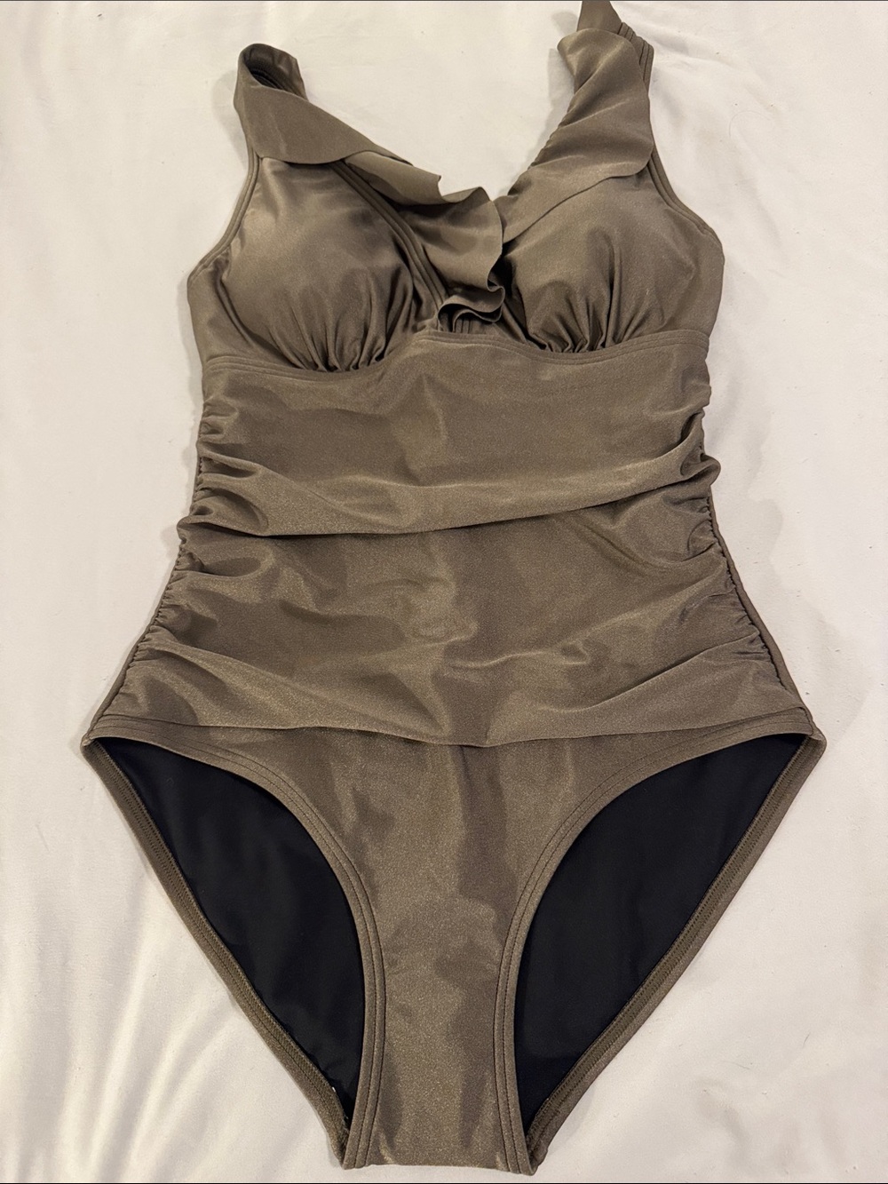 DKNY Ruched Olive Green One-Piece Swimsuit with Ruffle V-Neck - Picture 1 of 11